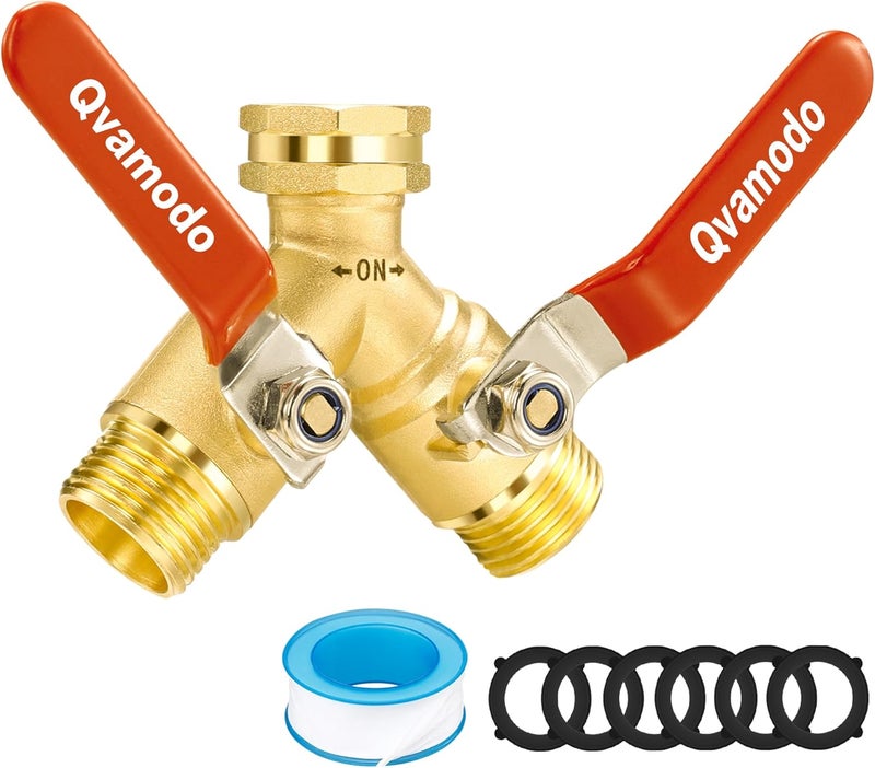 Qvamodo Hose Splitter 2 Way Heavy Duty Garden Hose Y Splitter with Shutoff, Garden Hose Splitter with 304 Stainless Steel Long Handle Outdoor Full Flow Y Valve 3/4 Inch GHT Thread Y Connector for Garden Hose - Image 1